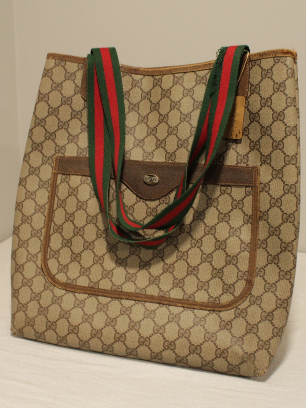 Gucci Beige Monogram Shoulder Tote with Green & Red Straps